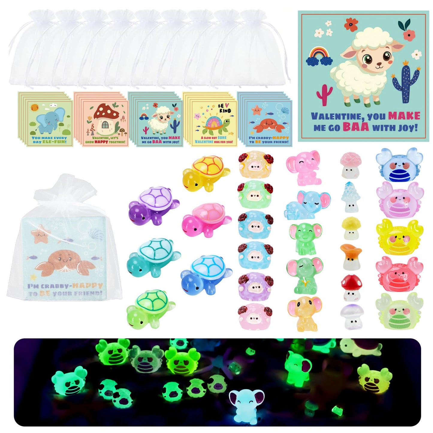 Kiddelo 28 Pack Valentines Day Gifts for Kids School Classroom Exchange, Mini Resin Animals with Cards and Organza Bags, Non Can