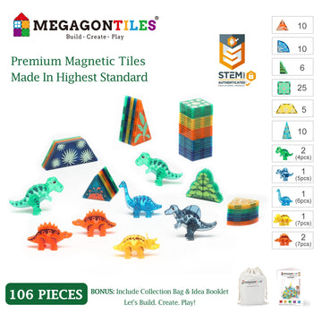Megagontiles 106 Pcs Dinosaur Magnetic Tiles Set | Magnet Building Blocks Dino World Toys | Stem Authenticated| Magnet Tiles Animals For Toddlers Boys Girls Kids Age 3 4 5 6 7 8