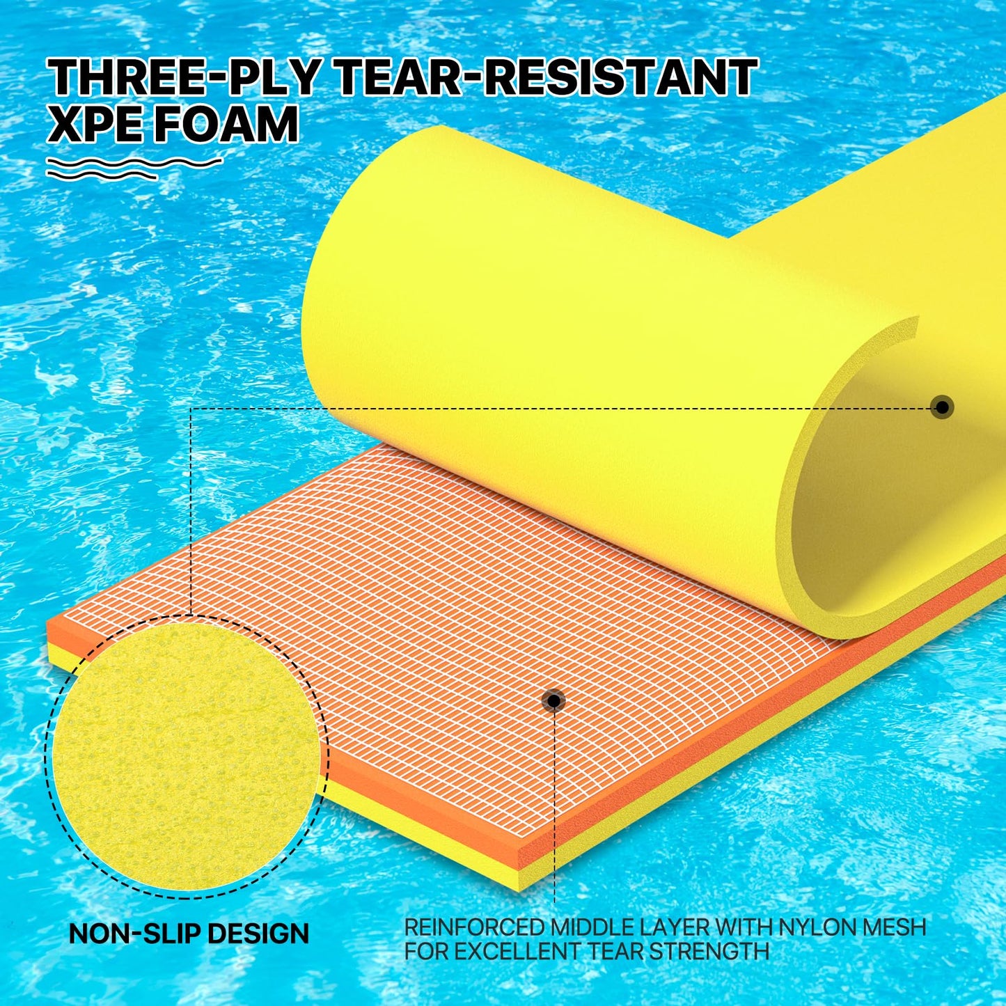 MADOG 18 x 6 Ft Outdoor Floating Water Mat for mature-themed Beach Lake Ocean Swimming Pool Large Size 3 Layer Tear Resistant XPE Foam Giant Swim Tanning Float Island Pad Raft Recreation Hck Lounge Yellow