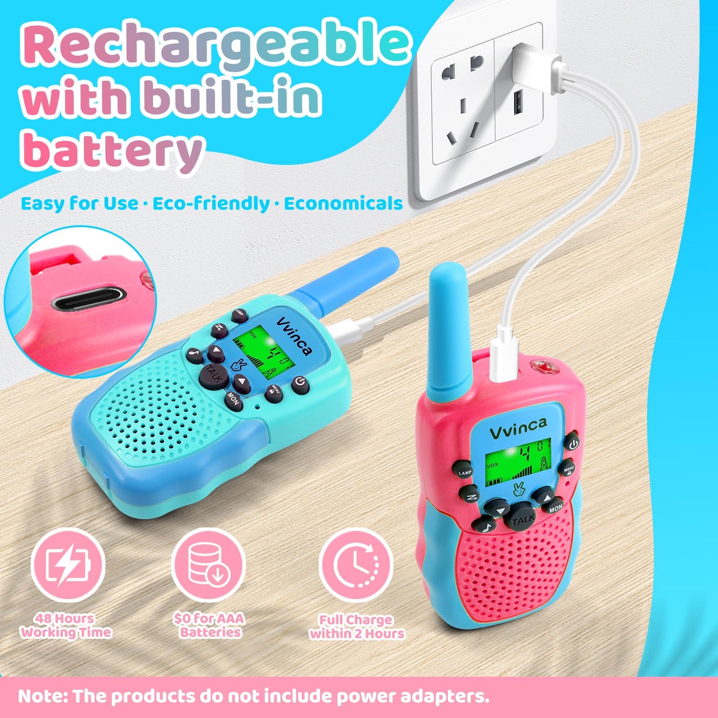 Vvinca Rechargeable Walkie Talkies For Kids, Long Range 22 Channels 2 Way Kids Walkie Talkie With Flashlight For Camping Hiking