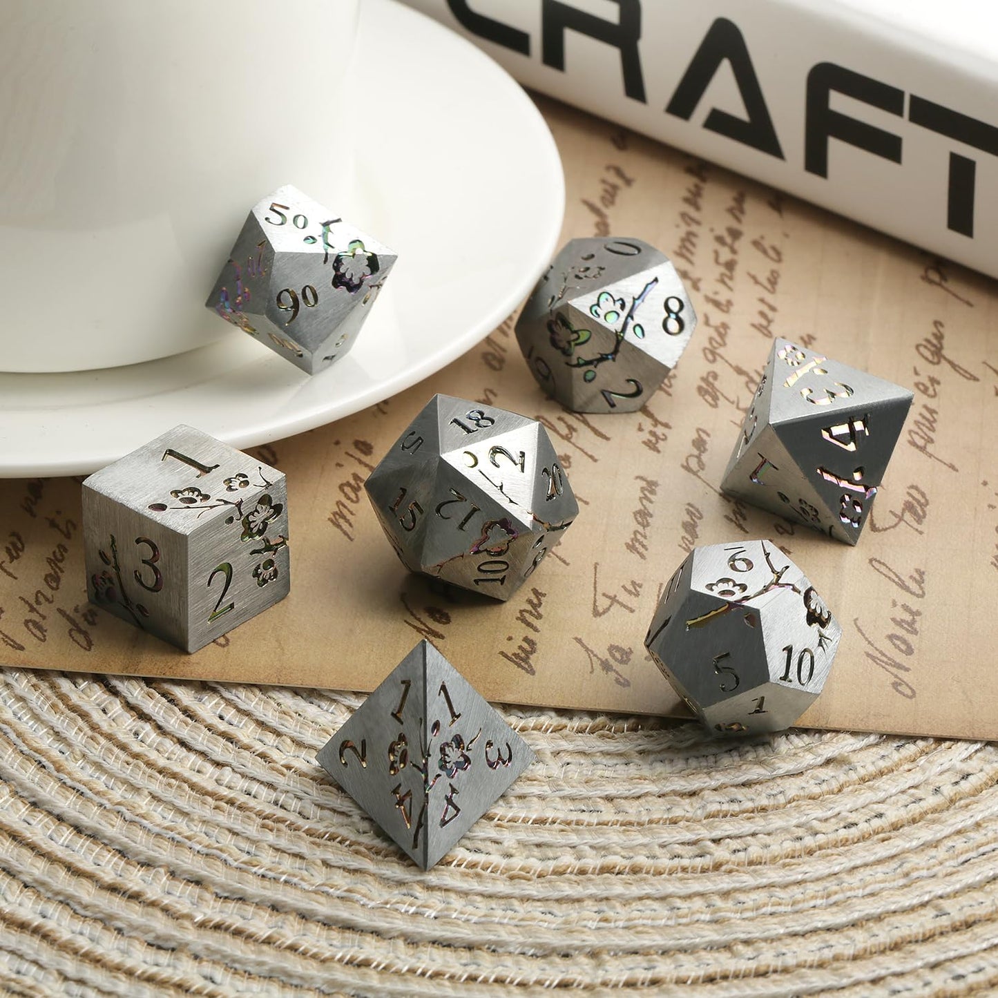 DNDND Rainbow Flower Metal Dice Set, 7 PCS Metallic Flowers DND Dice with Grogeous Gift Case for D&D Dungeons and Dragon Tableto