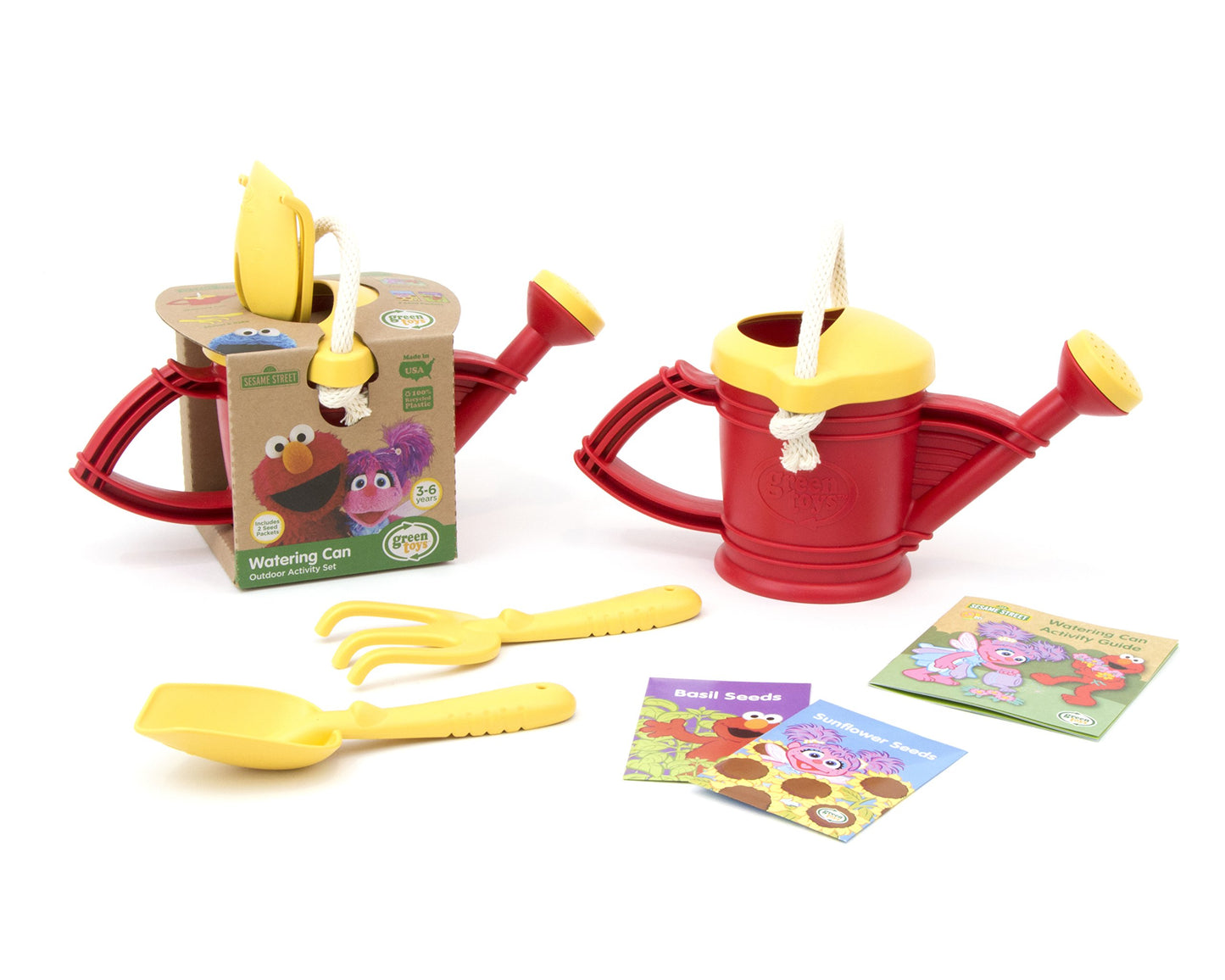 Green Toys Sesame Street Elmo Watering Can Outdoor Activity Set, Red/Yellow - 6 Piece Pretend Play, Motor Skills,No Bpa, Phthalates, Pvc. Dishwasher Safe, Recycled Plastic, Made In Usa.
