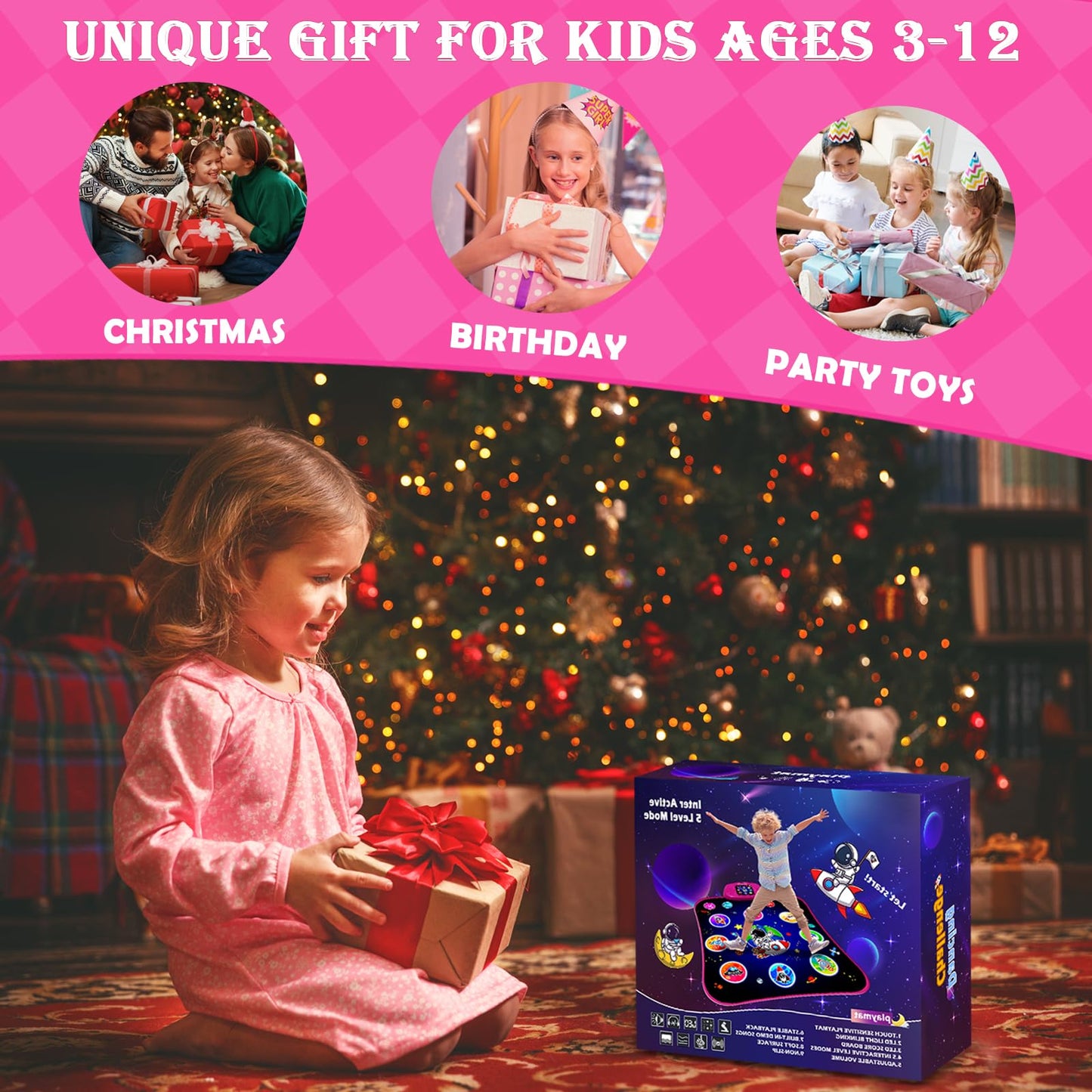 JAMLAMQ Pink Dance Mat Toys for Ages 5-12, Bluetooth Electronic Dance Pad for Kids, Perfect Birthday Gifts for Girls