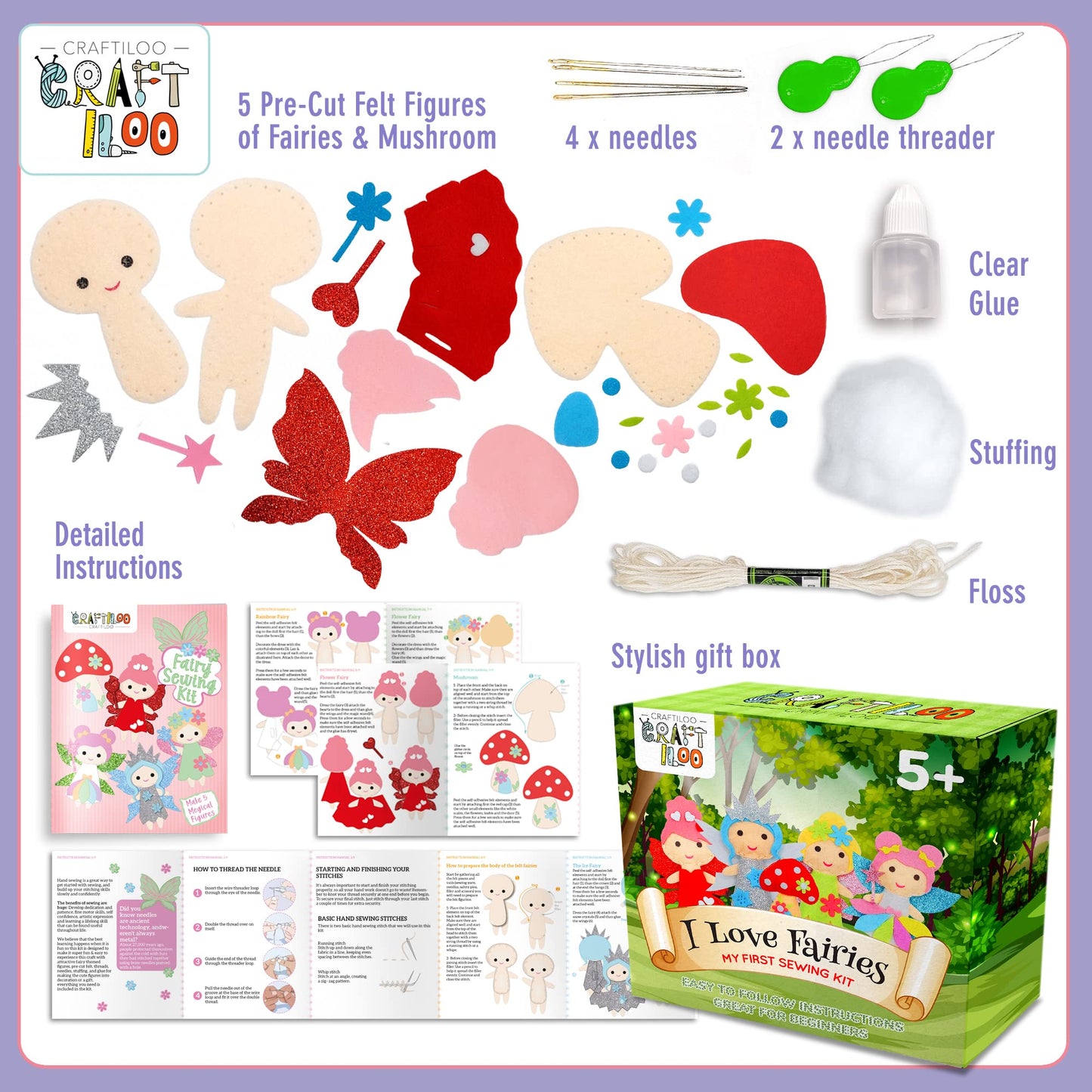 Craftiloo Fairy Sewing Kits For Little Girls 5 Easy Projects For Children Beginners Sewing Kit Kid Crafts Make Your Own Felt Pil