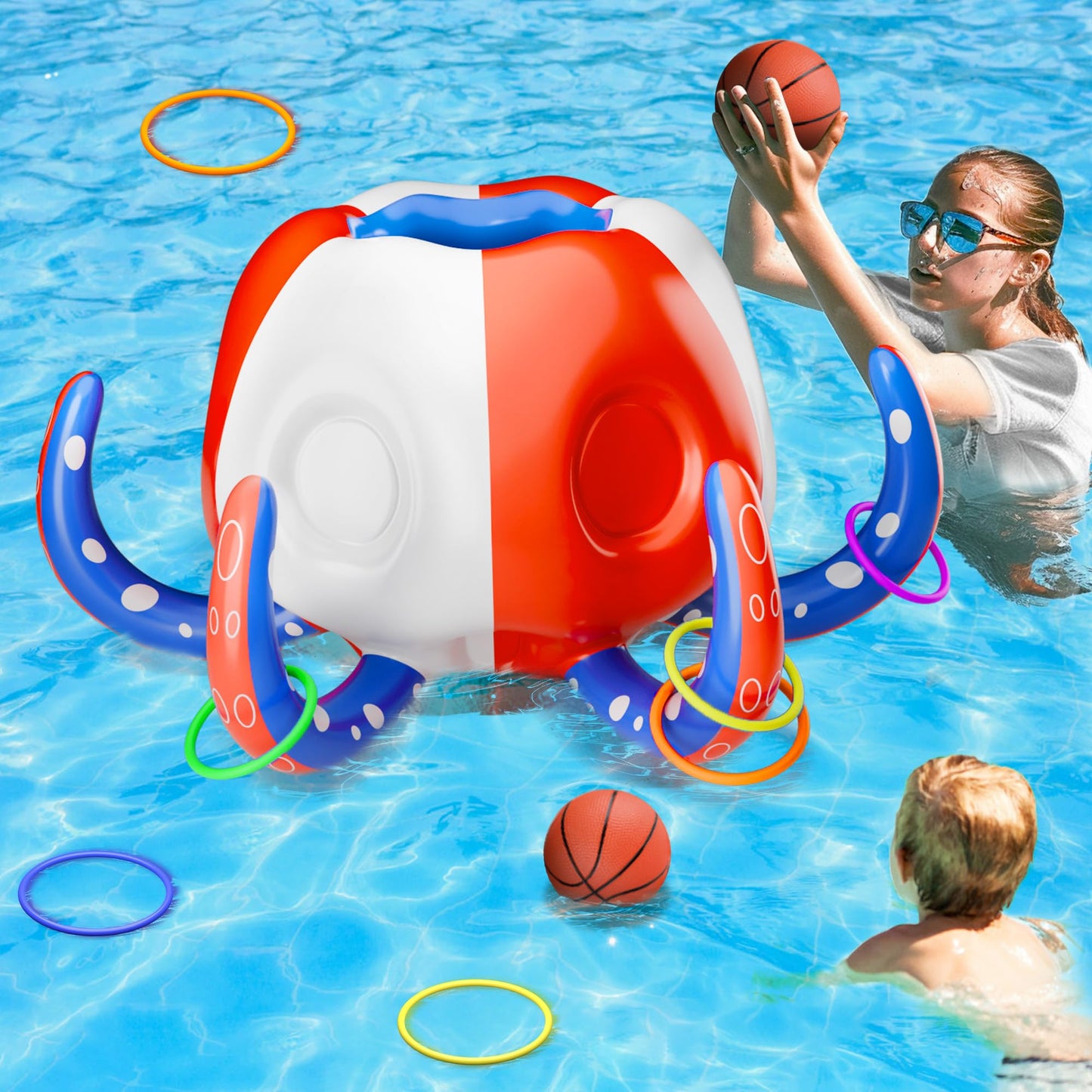 Iplay, Ilearn Pool Wave Kids Octopus Pool Toys, 2-In-1 Inflatable Float Water Game Basketball Hoop Ring Toss Outdoor Swim Cool Summer Family Party Gift 3 4 5 6 7 8 Yr Old Boy Girl Child-Blue Red White