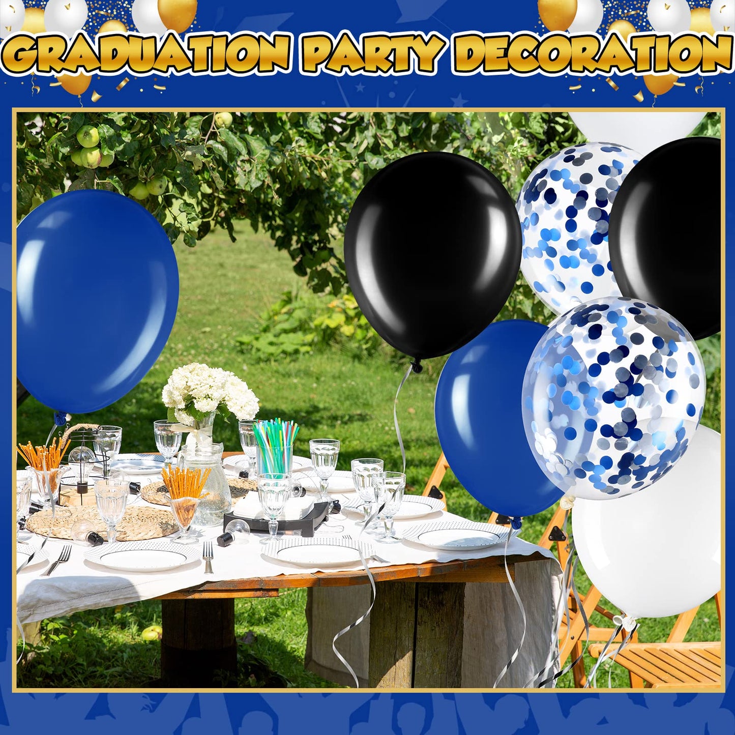 60 Pcs Balloons Kit 12 Inch Confetti Balloons With 2 Rolls Ribbon Latex Balloon Party Favor Metallic Balloons For Memorial Day, Birthdays, Fourth Of July, Halloween Decorations(Black, Blue, White)