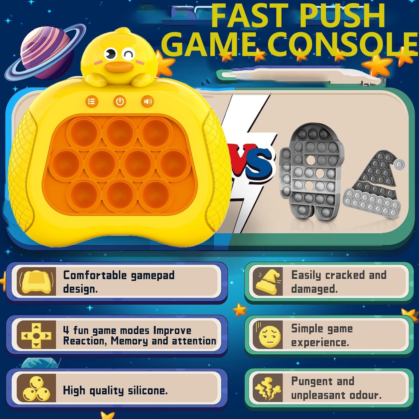 Pop Push Game Fidget Toy for Kids Ages 3-12,Handheld Fast Push Game Yellow Duck Console Fidget Toys for Girls Boys,Light Up Sens