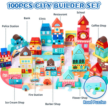 Vigorfun 100 Pcs Wooden Building Blocks Set - City Builder Stacking Toy With Storage Bag, Montessori Preschool Toys For Kids Tod