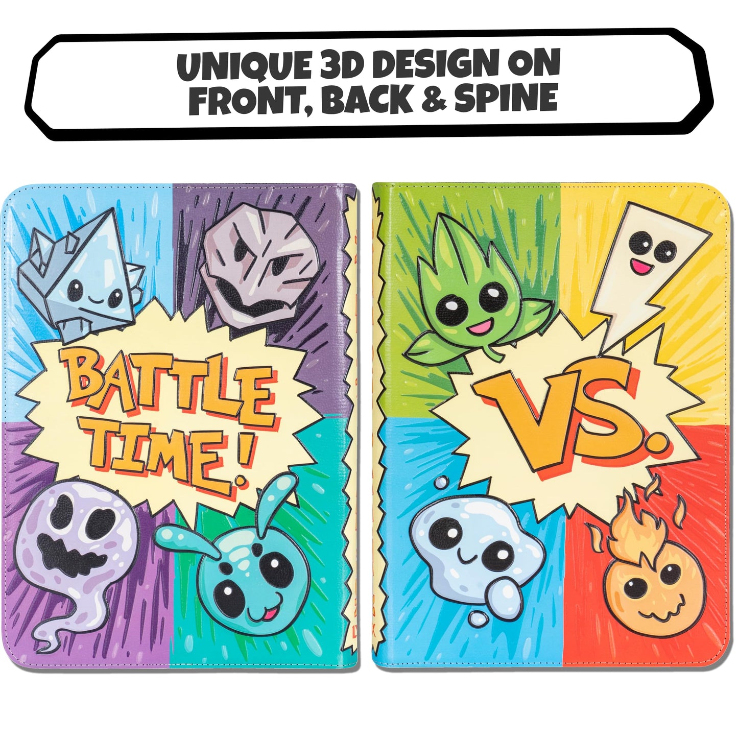 3D Card Binder For Pokemon - Stunning 3D Raised Pk Types Design In Pu Leather With Zipper - Includes 9 Pocket Pages For 360 Card