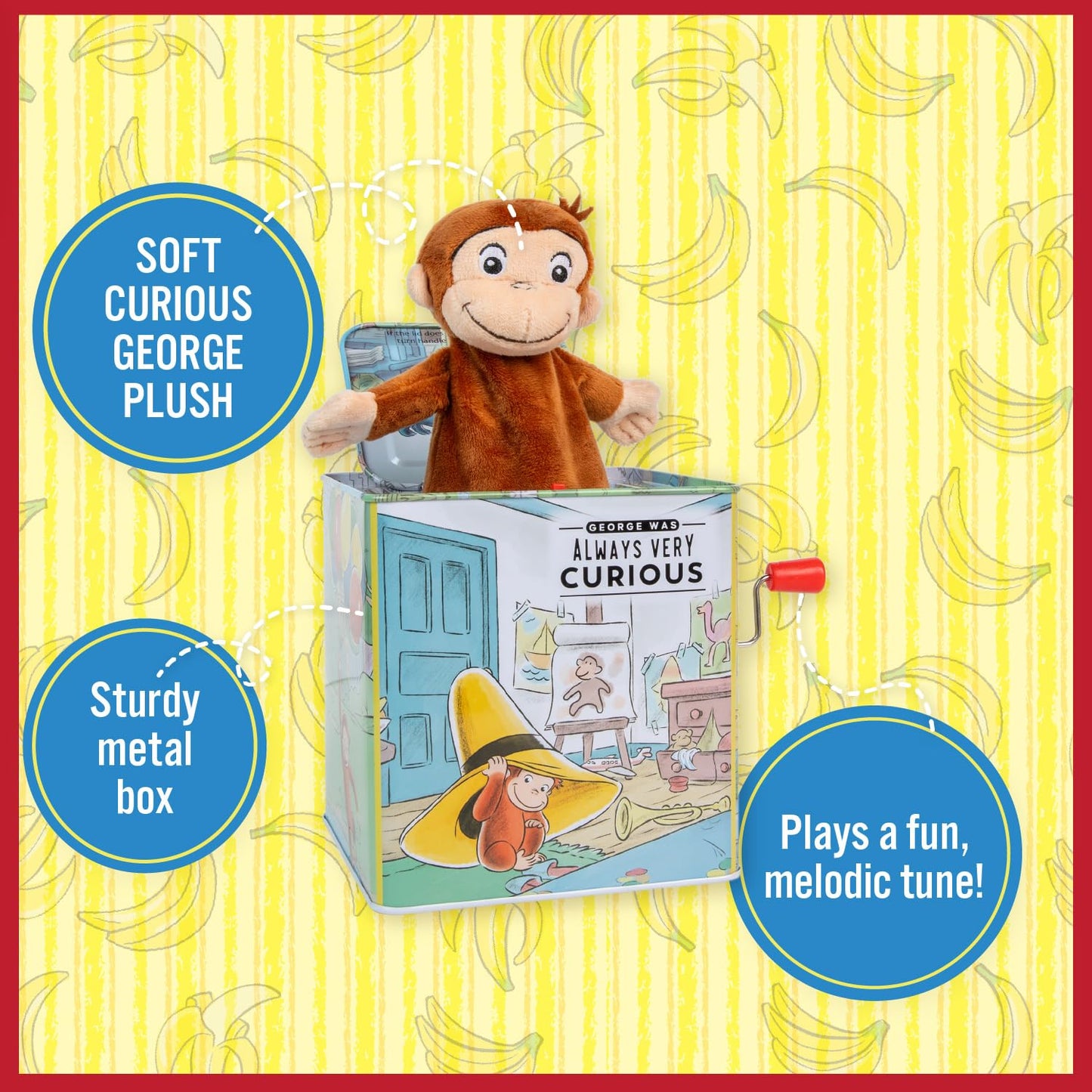 KIDS PREFERRED Curious George Jack-in-The-Box Musical Toy for Babies, Yellow, Small Size, Fun & Interactive Gift