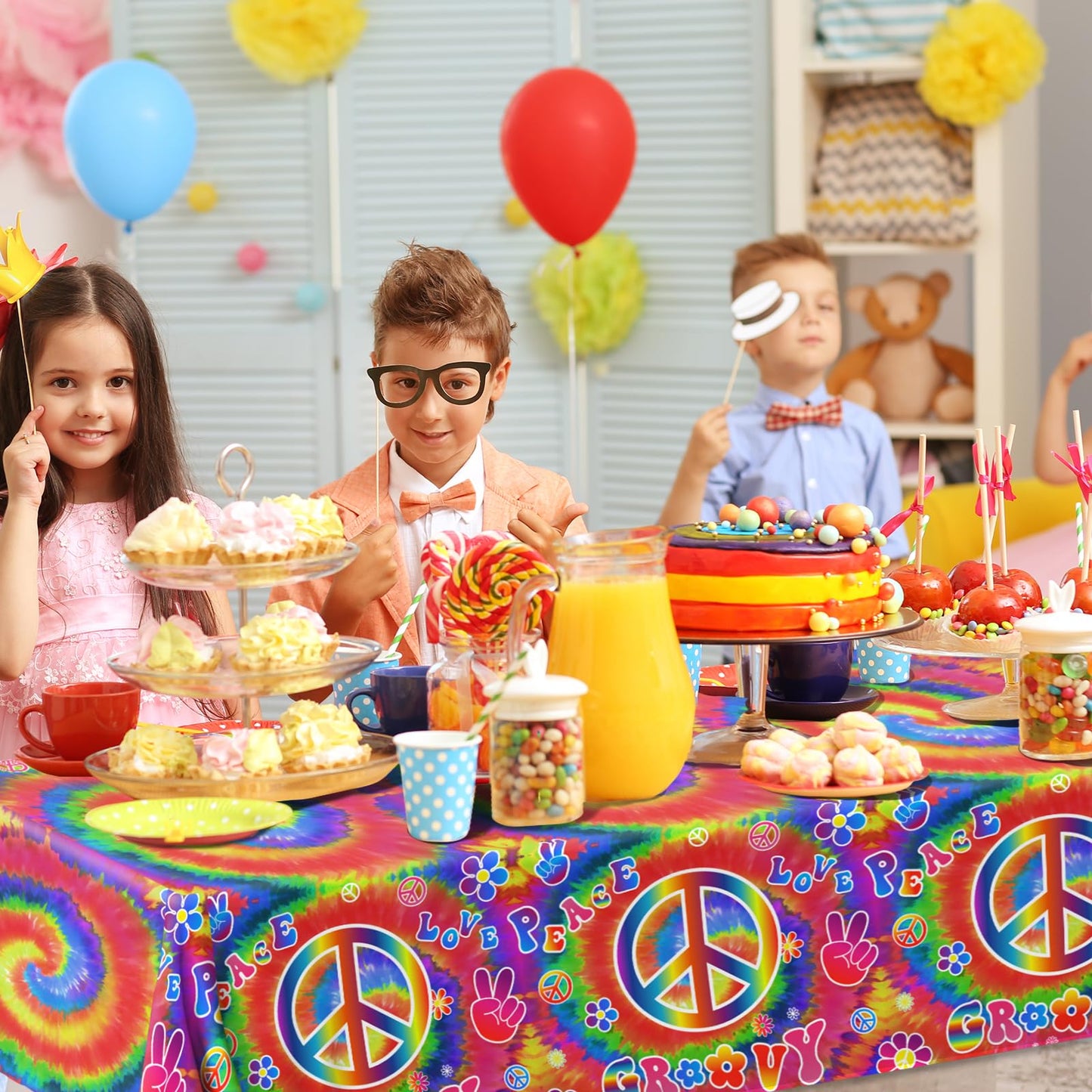 Tie Dye Birthday Party Supplies, 60'S Hippie Theme Tablecloth 3Pcs Groovy Hippie Table Cover Peace Love Tie Dye Table Cloths For
