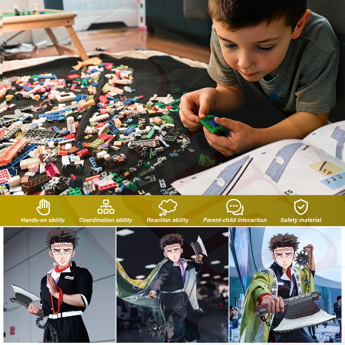 Jorumo decorative replica blades Building Sets for mature-themeds 42in Himejima Gyomei Axe & Meteor Hammer Building Block Anime decorative replica blade Building Toy Katana Gift 826 Pcs