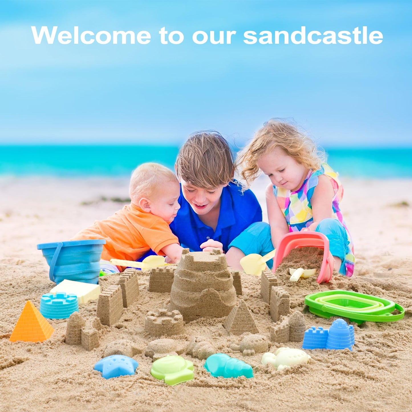 GAPER GO Beach Toys, 3Packs Collapsible Sand Bucket Set with Sand Castle Toys, Animal Molds, Shovel, Beach Essentials for Kids