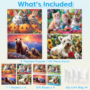 Jeacirio Puzzles for Kids Ages 6-8 - 4 x 100 Piece Puzzles for Kids Lovely Animals Large Piece Jigsaw Puzzles for Seniors Educational Toys Gifts Kids Puzzles for 4 5 6 7 8 9 Year Olds Boys Girls