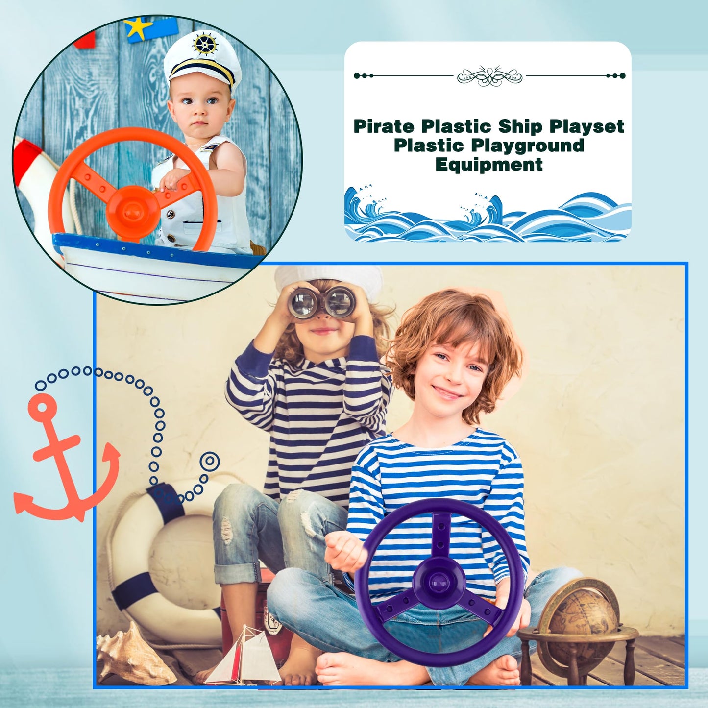 2 Pack Steering Wheel Playset Plastic Pirate Ships Wheel With Mounting Tools For Kids Playground Outdoor Gym (Purple, Orange)