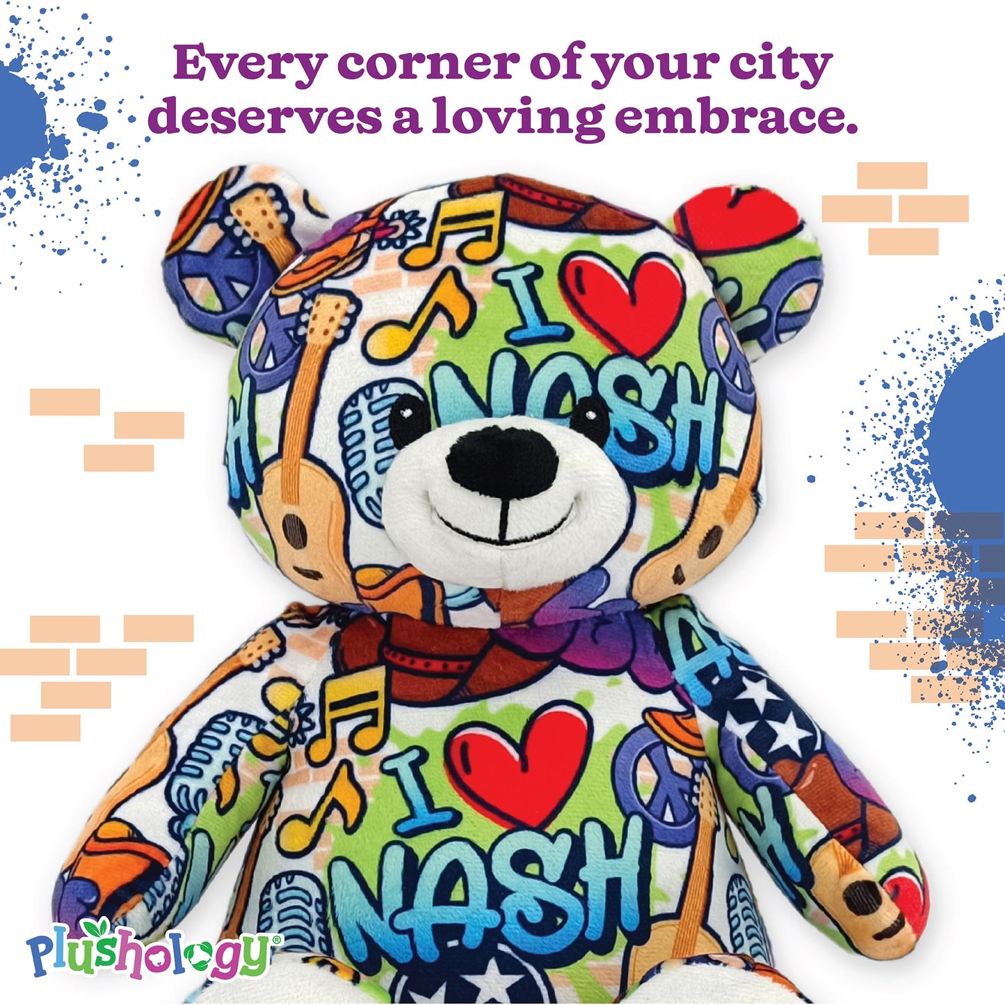 PLUSHOLOGY I Love Nashville Graffiti Teddy Bear Eco Friendly Stuffed Animal; Cuddly Soft Velboa Plush Animal for Kids 3 Years Old to mature-themeds; Child-Safe Embroidered Face Details (10 Tall When Seated)