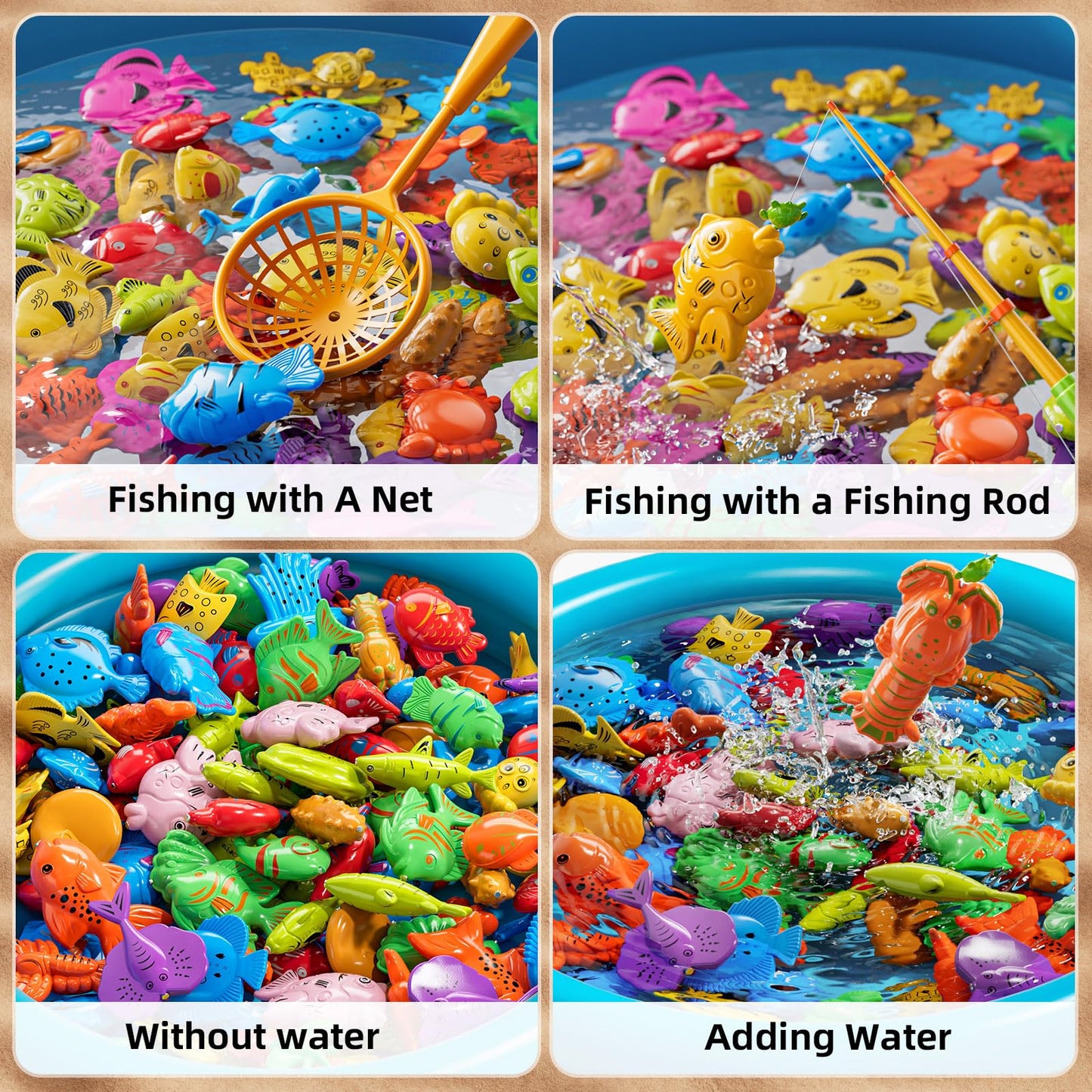 Niplooow Kids Pool Fishing Toys Games, Water Table Bathtub Toy With Inflatable Pool Pole Rod Net Plastic Floating Fish, Birthday