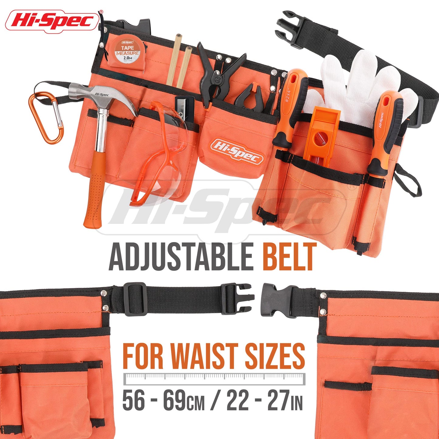 Hi-Spec 16pc Orange Kids Tool Kit Set & Child Size Tool Belt. Real Metal Hand Tools for DIY Building, Woodwork & Construction Le