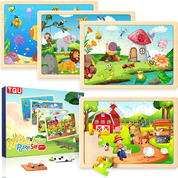 Tqu Wooden Puzzles Toys For Kids Ages 4-6 3-5, Set Of 4 Packs With 24-Piece, Farm, Zoo, Insects, Sea Animals Wood Jigsaw Puzzles