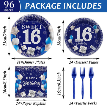 gisgfim 96Pcs 16th Birthday Plates and Napkins Party Supplies Sweet 16 Birthday Party Tableware Set Blue Silver 16th Birthday De