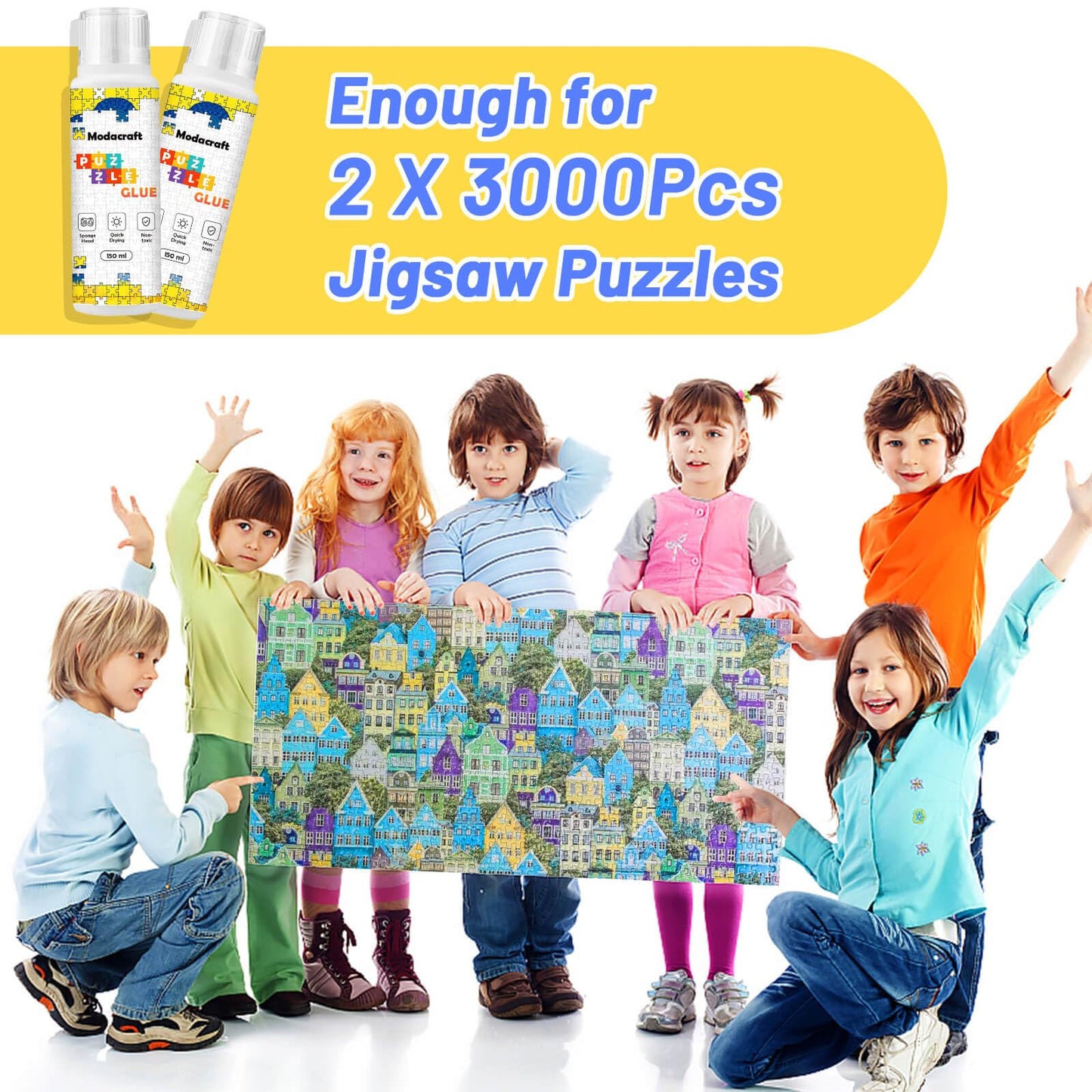 Modacraft 2 Pack 150Ml Jigsaw Puzzle Glue With New Sponge Head, Suitable For 1000/3000/5000 Pieces Of Paper And Wood Puzzle, Clear Quick Dry Jigsaw Puzzle Glue, Used Of Paper Puzzles, 300Ml In Total