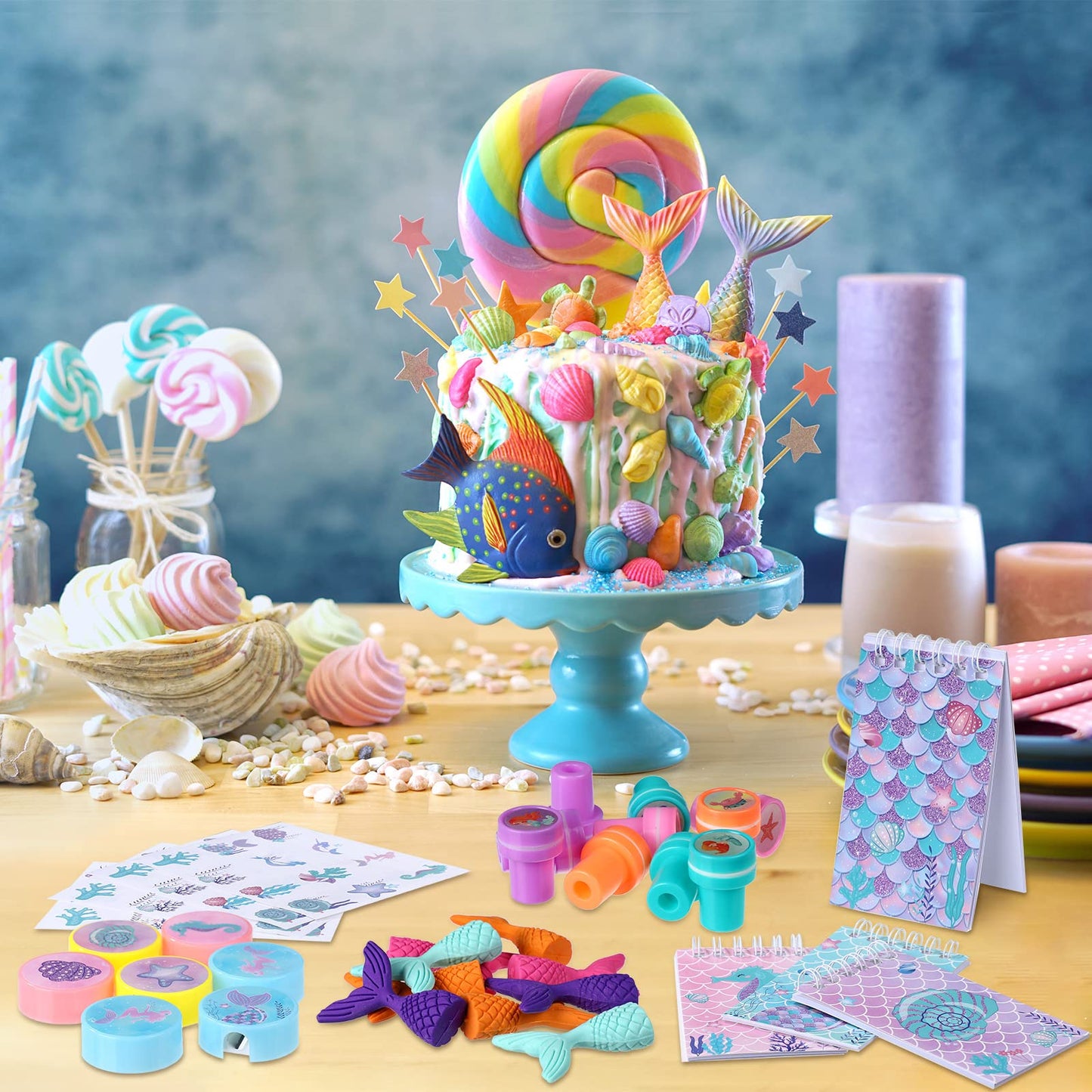 Faccito Mermaid Party Favors Mermaid School Stationery Set Class Reward Gift Notebooks Pencils Sharpener Erasers Stickers Sharpe