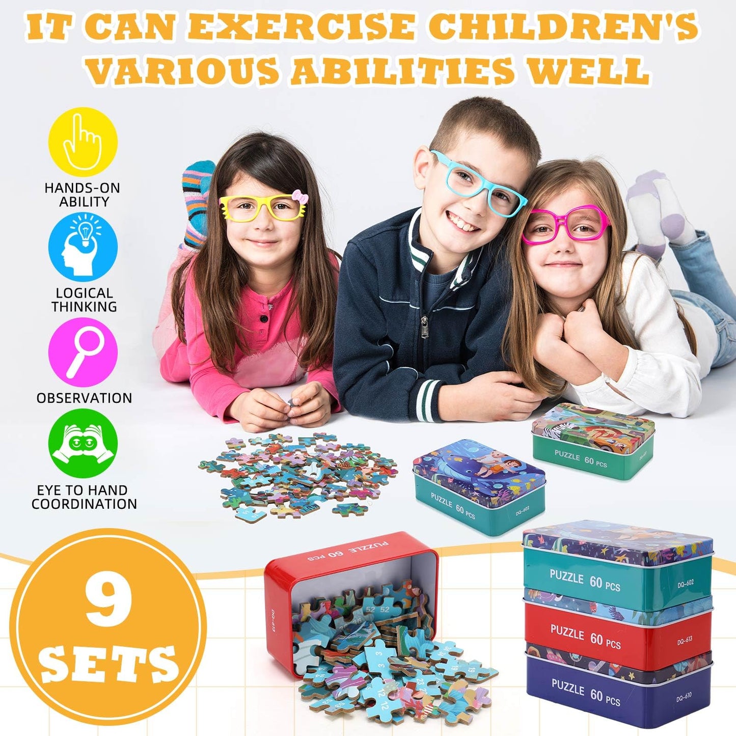 Libima 9 Boxes Party Favors Jigsaw Puzzles In A Metal Box For Age Of 4-8, Wooden Puzzle For Ages 4-8 Boys And Girls Learning Edu