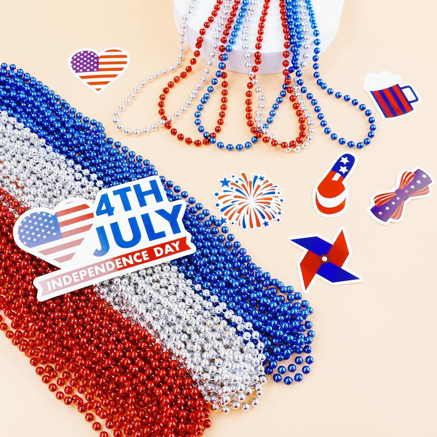 SHAOQINLIN 102 PCS Patriotic Bead Necklaces, 4th of July Beads Necklaces Bulk 4th of July Accessories 33 Inch Metallic Red/Silve