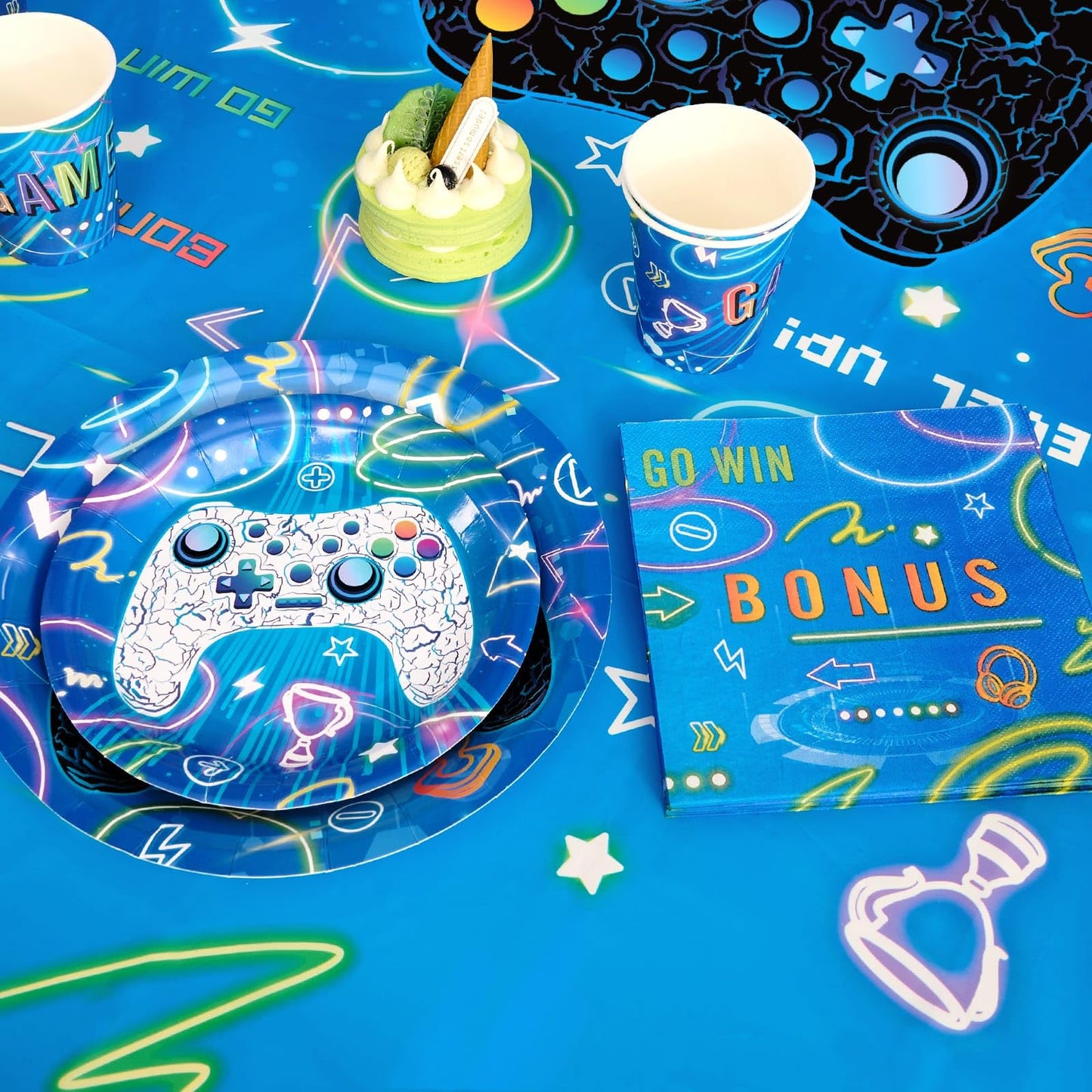 Wernnsai Video Game Party Supplies - 88 Pcs Gamer Birthday Party Decorations For Boys Family Gaming Night Tableware Set Happy Birthday Banner Tablecloth Plates Napkins Cups Balloons Serves 16 Guests