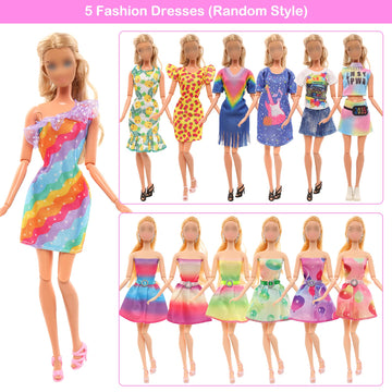 Barwa 10 Sets Doll Clothes Including 5 Fashion Floral Dresses 5 Sets Casual Outfits Tops And Trousers, Shorts For 11.5 Inch Girl Dolls…