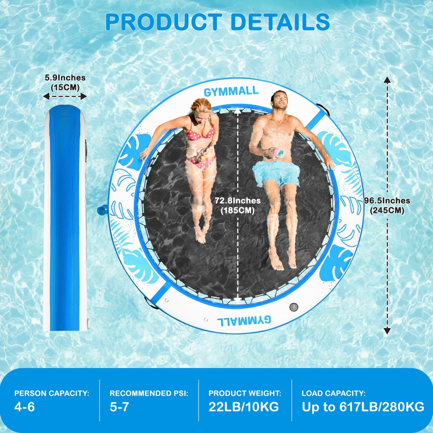 GYMMALL Inflatable Water Hammock - 8 FT Tanning Pool Float, Blue White, PVC+EVA, Ideal for Lake and Beach with Cup Holder and Water Ladder