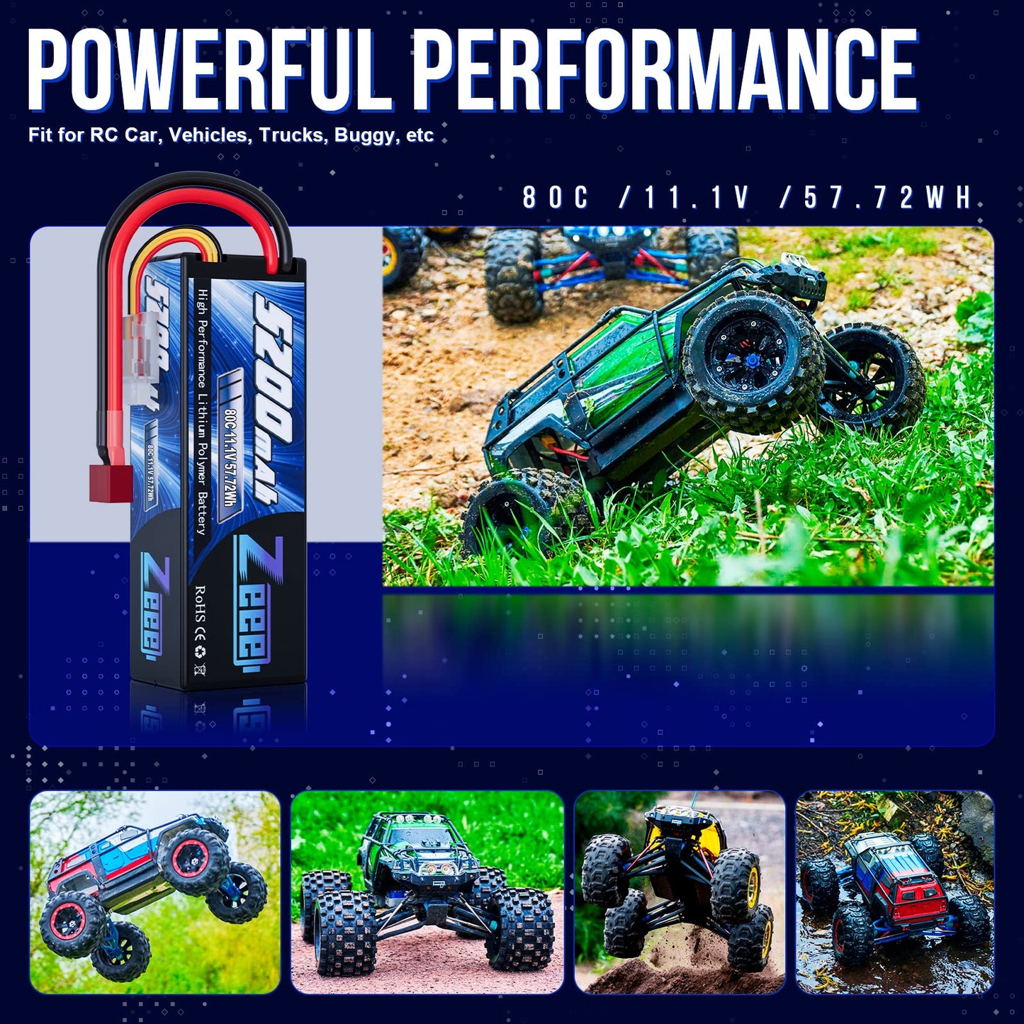 Zeee 3S Lipo Battery 5200mAh 11.1V 80C RC Battery Hard Case with Deans Connector for RC Car Boat Truck Helicopter Airplane Racin