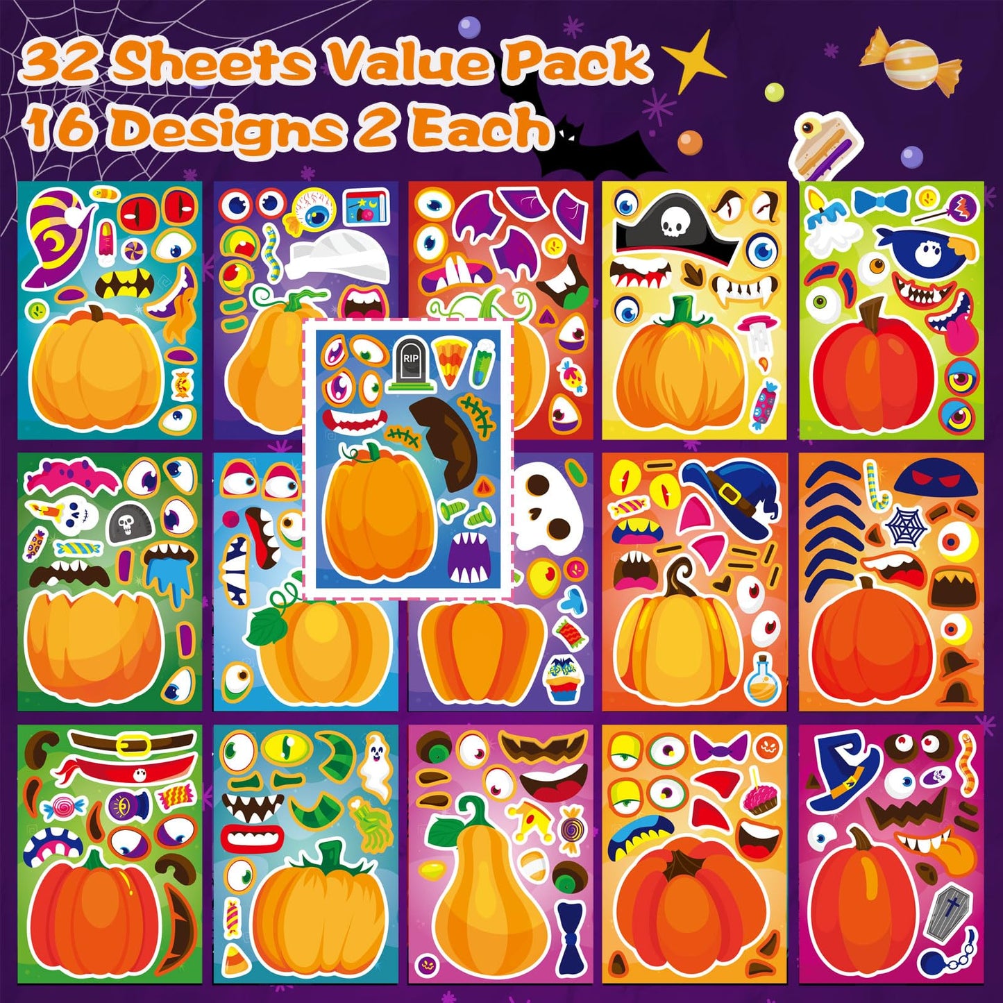 32 Sheets Halloween Pumpkin Stickers, Halloween Make A Face Stickers For Kids, 16 Different Pumpkin Designs, Make Your Own Hallo
