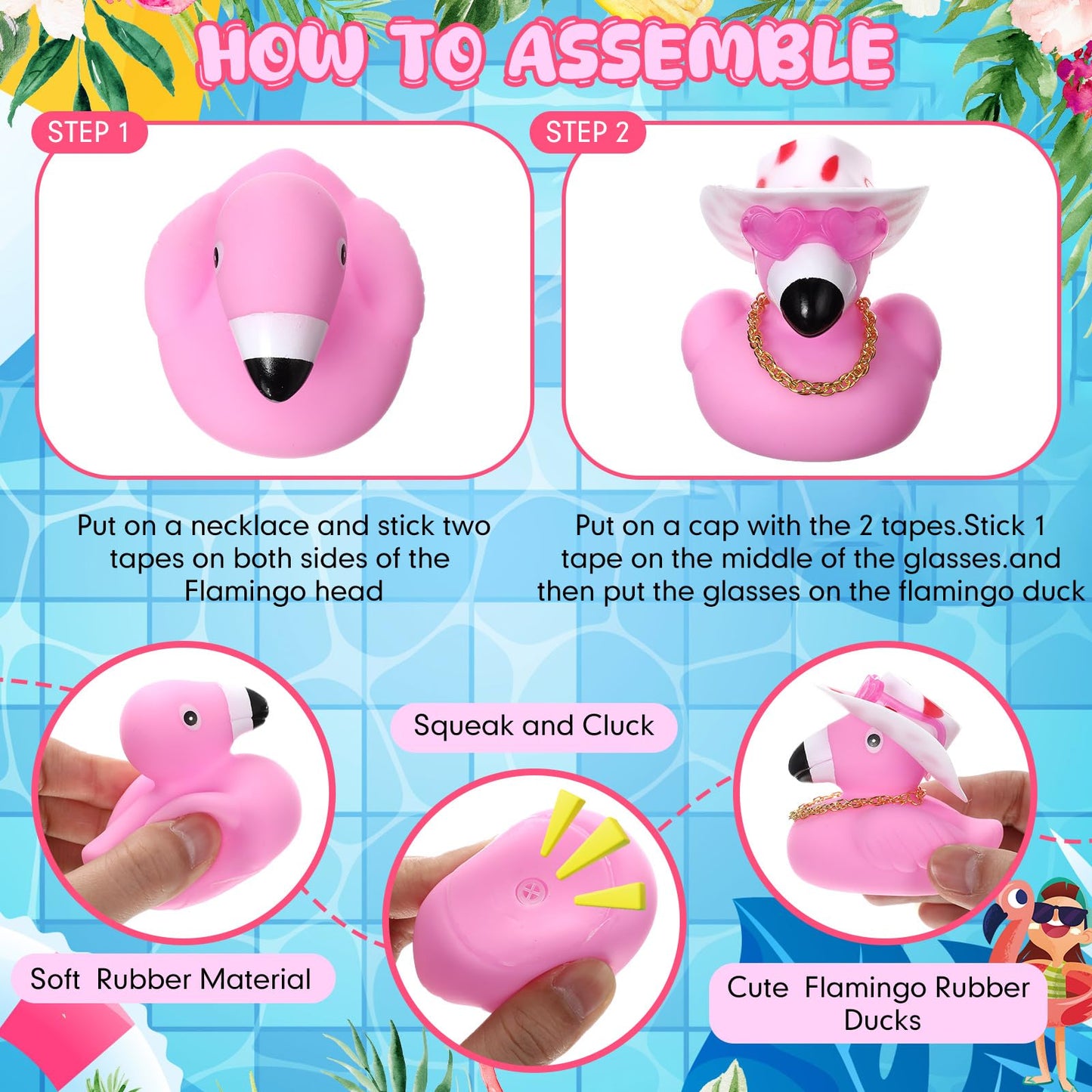 Sotiff 12 Sets Flamingo Rubber Duckies Bulk Mini Pink Flamingo Bath Toys With Hat Sunglasses And Necklaces Floating Squeaky Bath