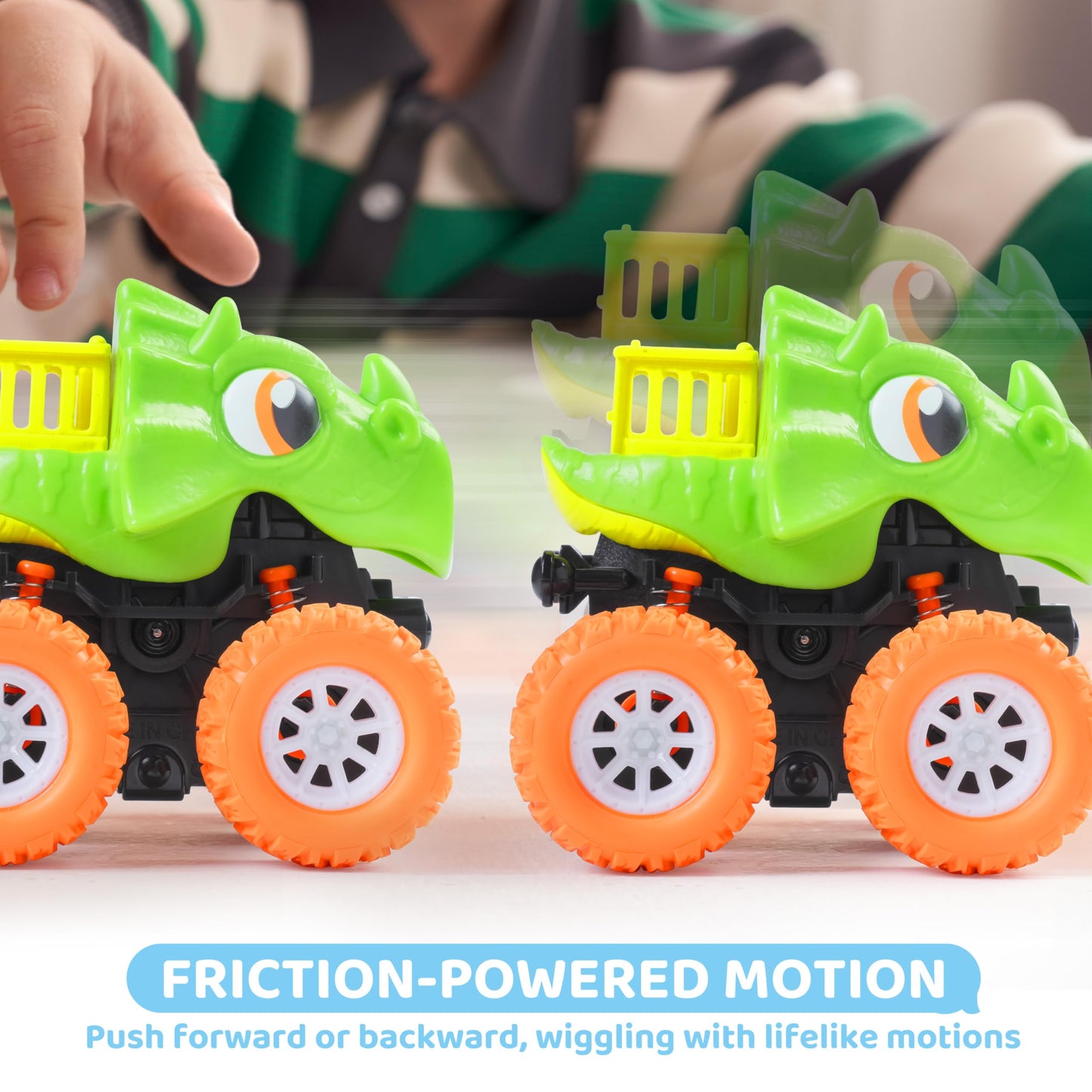 lalalark Monster Truck Toys for 3 4 5 Year Old Boys - 3 Pack Dinosaur Toys with Friction Power 360 Rotating Push and Go Cars - B