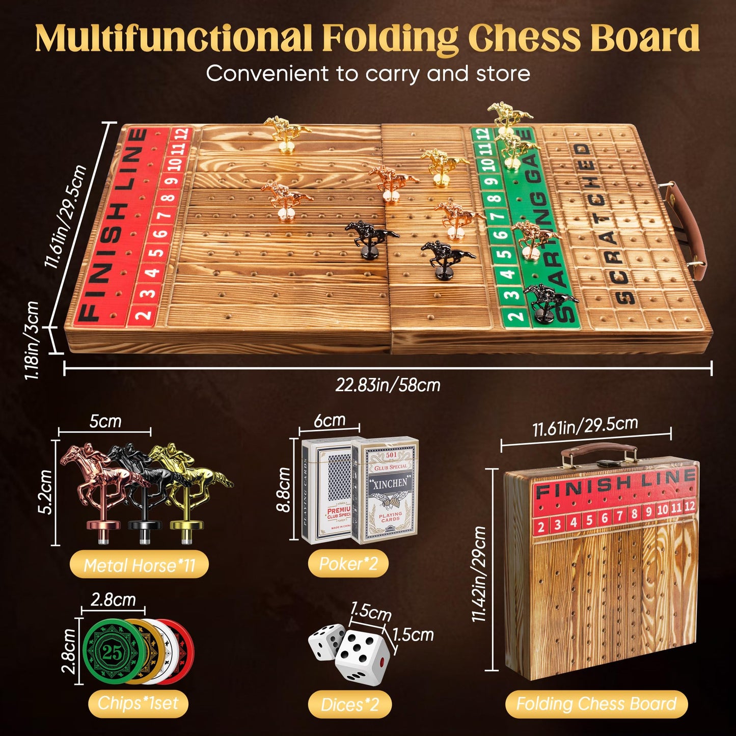 Horse Racing Game, Foldable Solid Wood Horse Games, Horse Race Board Game With 11 Metal Race Horses, Two Dice And Two Boxes Of C