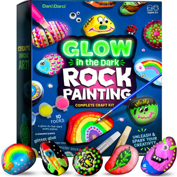 Dan&Darci Kids Rock Painting Kit - Glow in The Dark - Large Arts & Crafts Set for Ages 6-12 - Creative Gold, Silver, White Art Toys