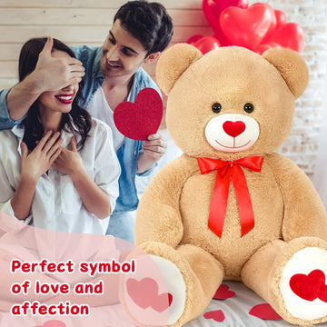 Tezituor Giant Teddy Bear Stuffed Animal 4Ft - Big Teddy Bear With Love Red Heart - Brown Large Stuffed Bear Plush Toys For Kid