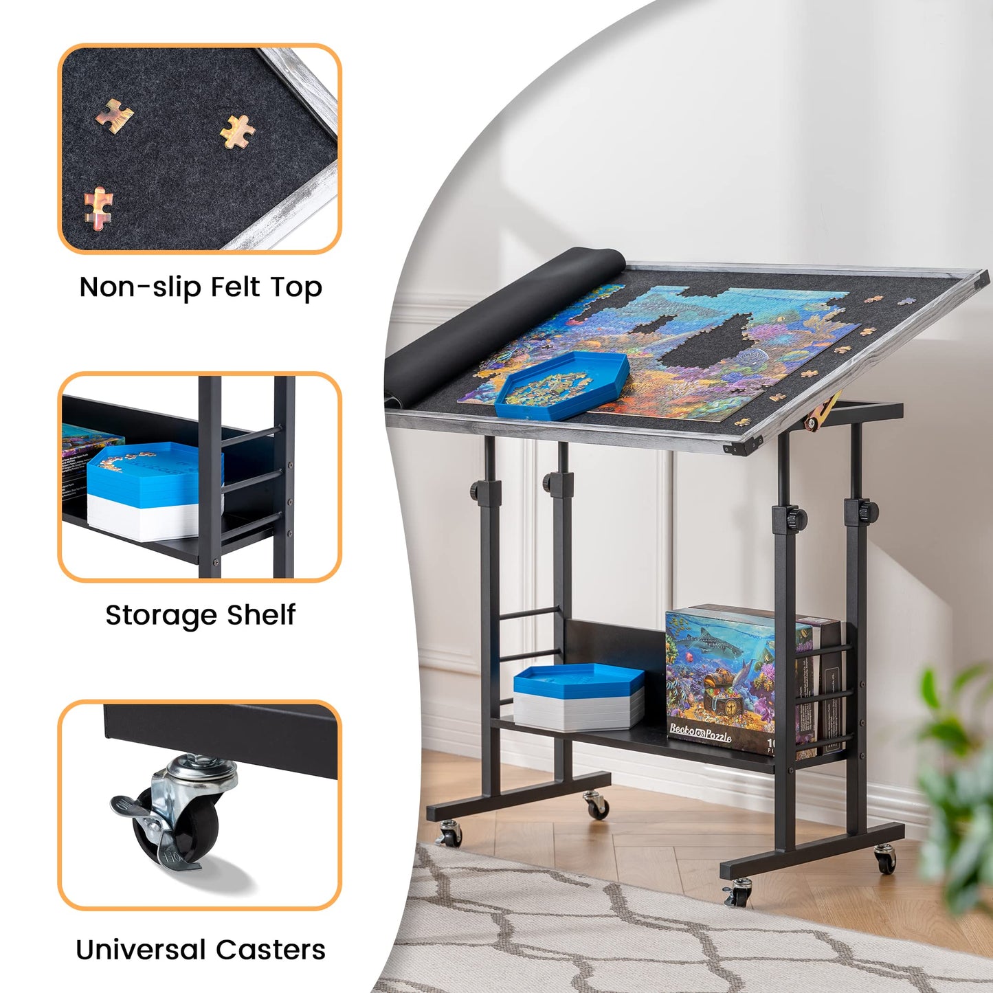 Becko Us 1500 Piece Tilting Jigsaw Puzzle Table With Cover Mat, Jigsaw Puzzle Board With 5 Tilt Angle & Height Adjustment, Puzzle Storage For Adults, Easy To Move, For 1500 Piece Jigsaw Puzzles (Gray)