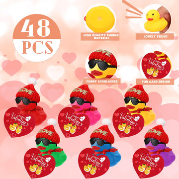 Chivao 48 Pcs Valentine'S Day Mini Rubber Ducks With 48 Valentine'S Day Cards 48 Sunglasses 48 Hats, Party Favors Holiday Mini T