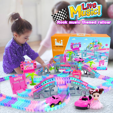 Tracks Car Toys Set For 3 4 5 6 Year Old Girls Kids,201 Pcs Rock Music Theme Flexible Tracks Car Princess Toys Pink Doll Racing
