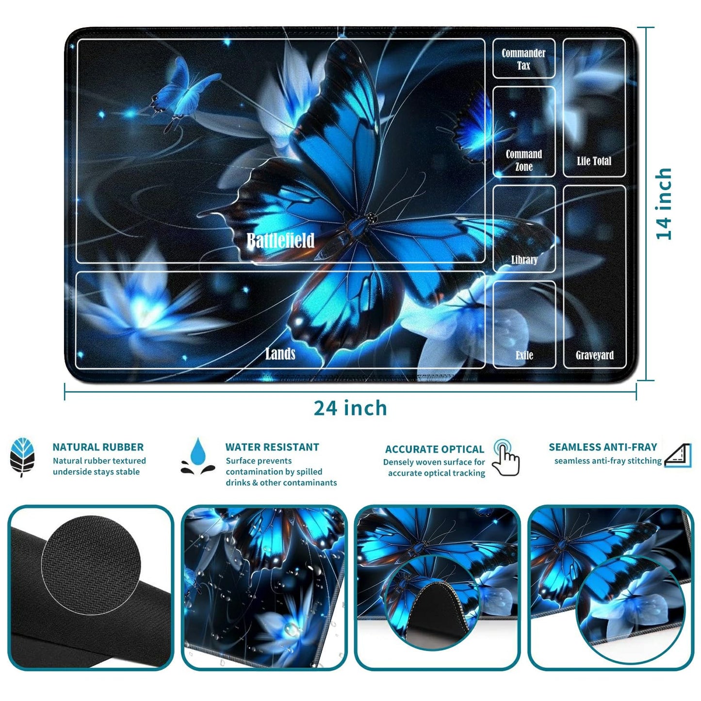 Rwutytiul Blue Butterfly Card Playmat 24 X 14 Inch With Tube Bag, Card Gameplay Desk Mat With Zones For Commander Deck Mtg Rpg C