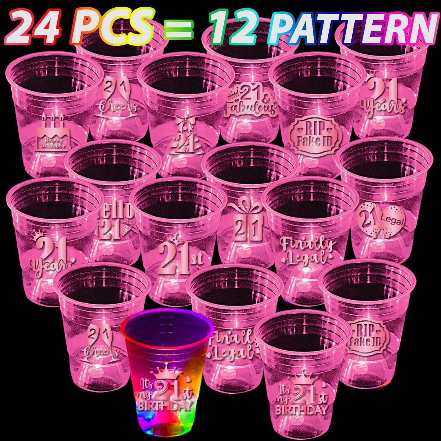 24 Pcs Glow Pink 21St Birthday Party Cups,Happy 21St Birthday Cups For Her,Pink Birthday Party For Finally Legal Decorations,Hap