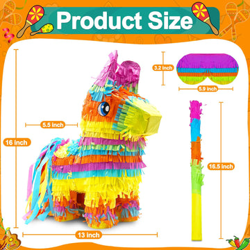 16 Cinco de Mayo Pinata, Large Rainbow Color Donkey Pinata 16 x 13 x 5.5 ln with Stick and Blindfold for Fiestas Mexican Party D