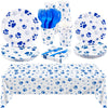 Durony 121 Pieces Blue Paw Print Party Supplies Dog Birthday Tablecloth, Plates, Napkins, Forks And Paper Cups Decorations For P