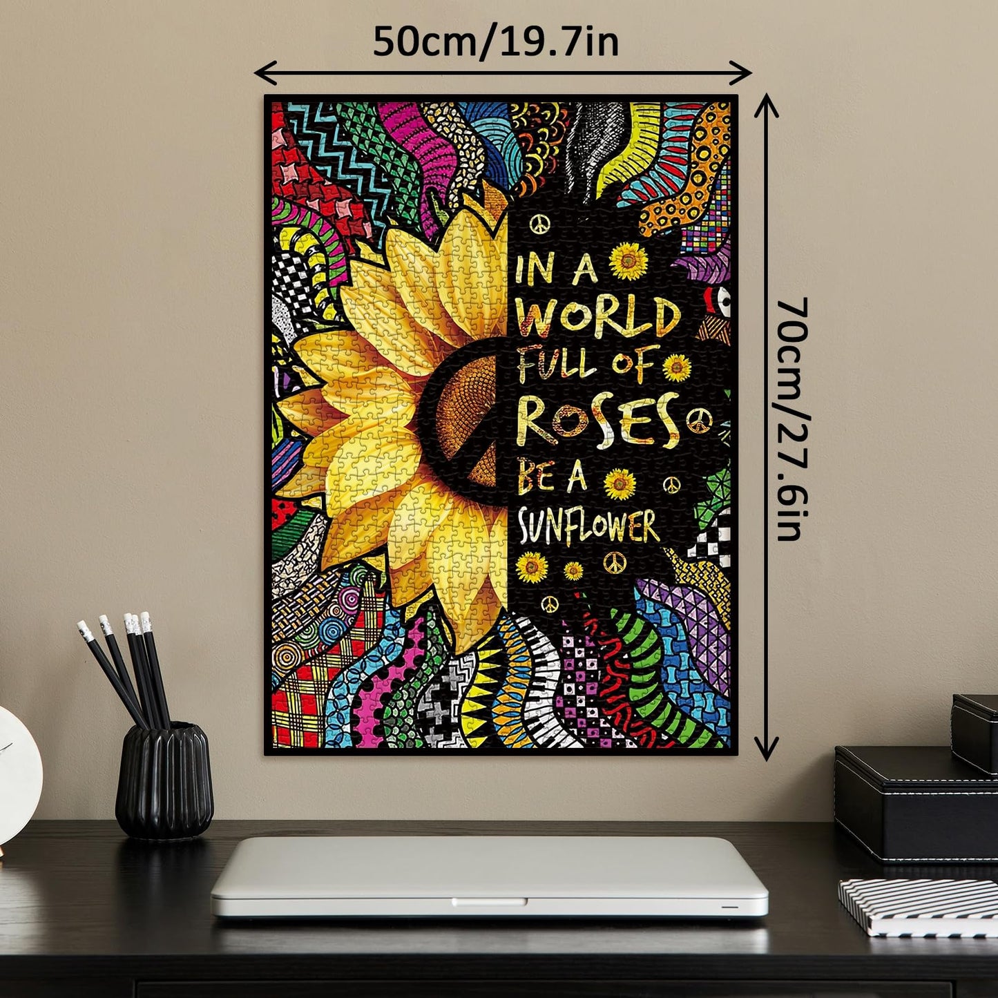 Sunflower Inspirational Puzzles For Adults 1000 Piece, Rainbow Mandala Colorful Flower Jigsaw Puzzle, Motivational Quote Puzzle