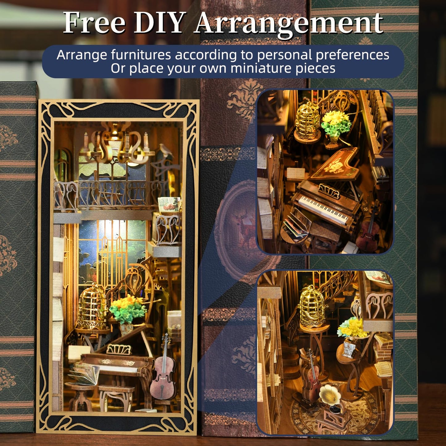 Minicity Diy Book Nook Kit, Miniature Dollhouse Booknook Kit, 3D Wooden Puzzle Bookend Bookshelf Insert Decor With Led Light For