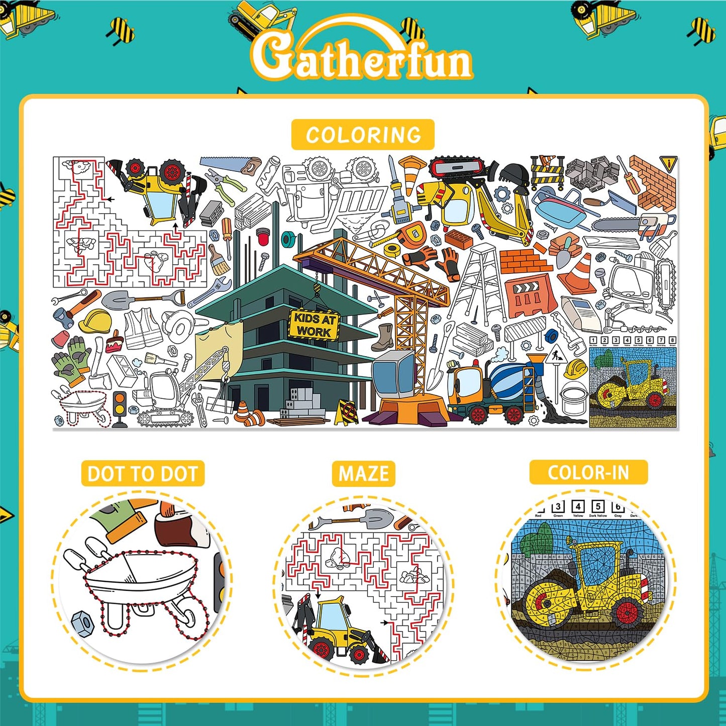 Gatherfun Construction Party Giant Coloring Poster - 31.5X 72 Inches - Versatile Classroom Wall D Cor & Birthday Activity - Con