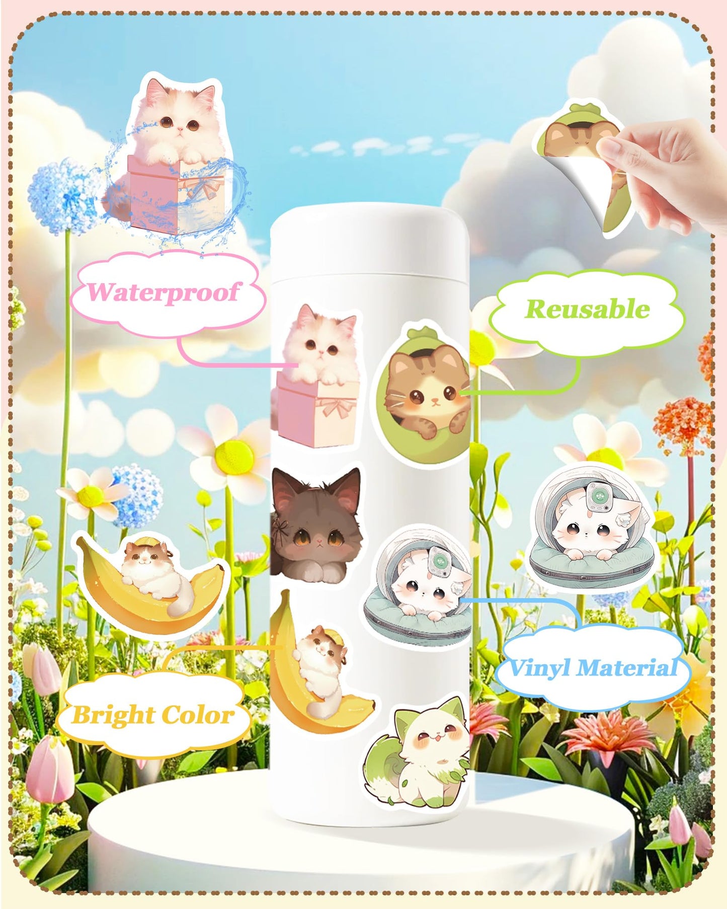 300 Pcs Cat Stickers For Kids, Cute Water Bottle Stickers Kawaii Stuff For Classroom Prize, Cute Things Vinyl Students Gifts Cat