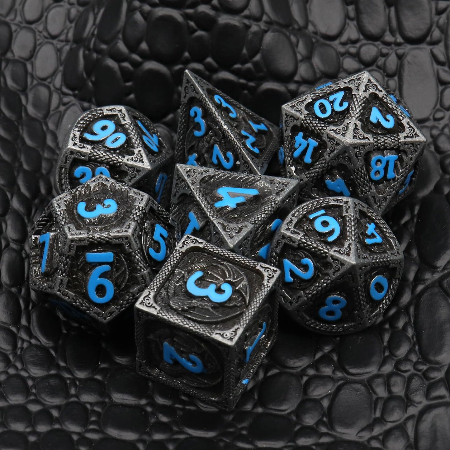 Haxtec Metal DND Dice Set Black Blue Dragon D&D Dice Set with Leather Dice Bag Metal Polyhedral Dice for Dungeons and Dragons Gi